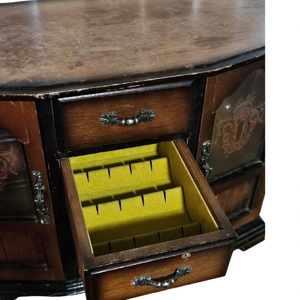 Vintage MCM Wooden Jewelry Armoire Etched Glass Doors & 4 Drawers Dresser 10.5